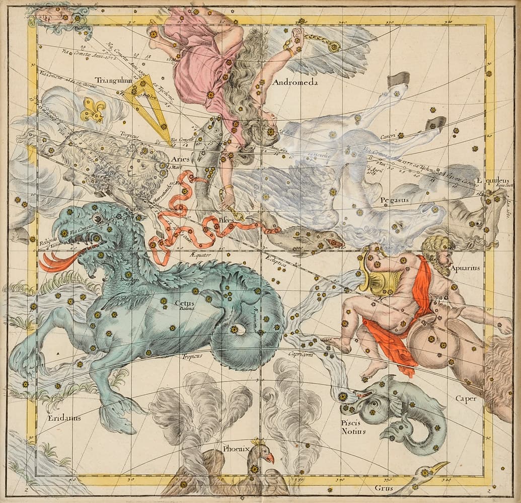 Mapa celeste histórico con constelaciones y figuras simbólicas